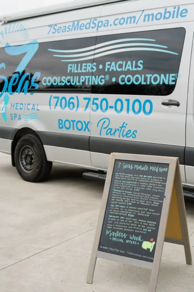 The 7 Seas Mobile Medical Spa van and services menu in Augusta, GA