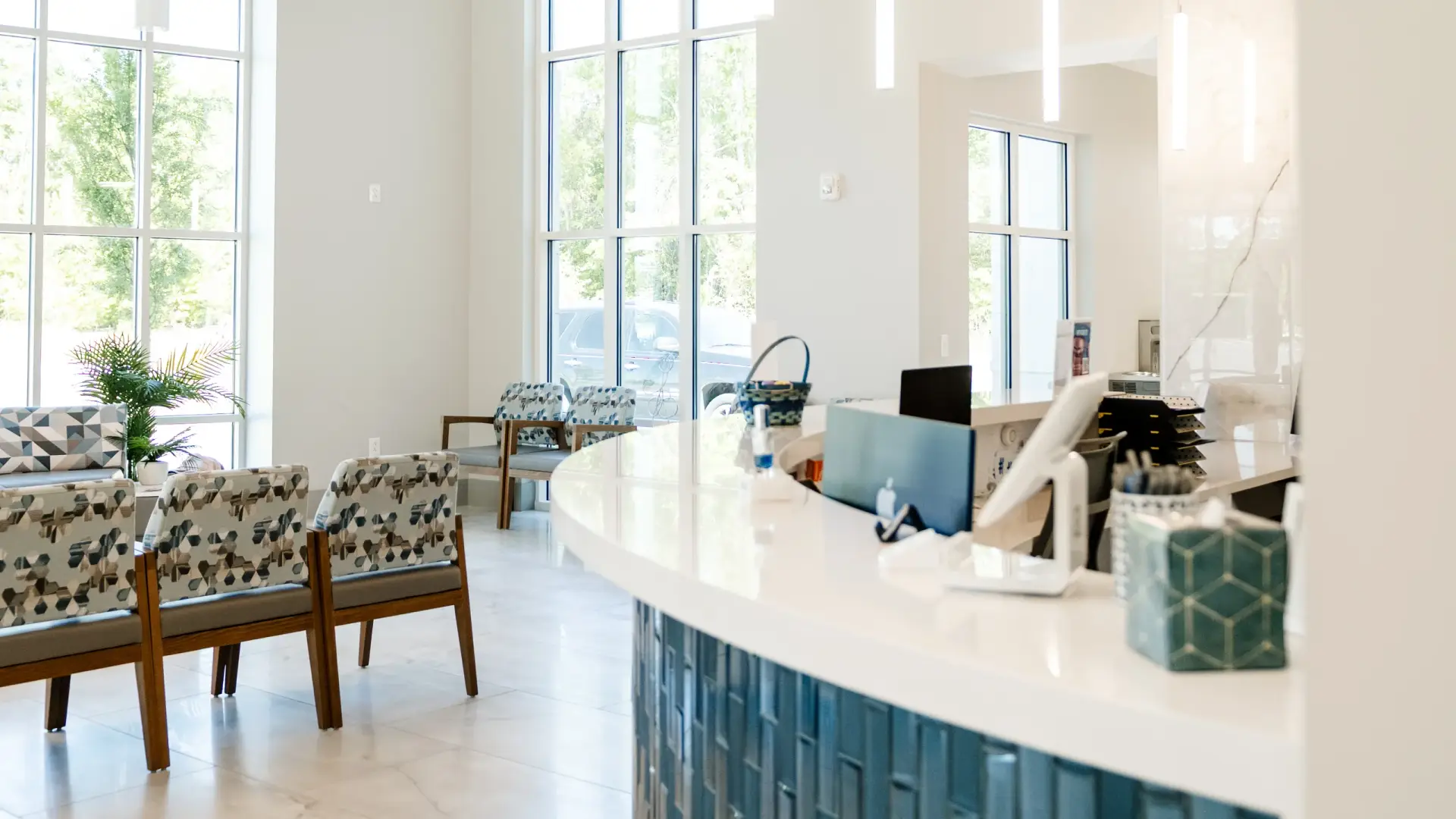 Reception desk and waiting area at 7 Seas Medical Spa in Augusta, GA
